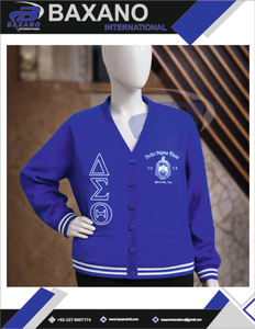 Cardigan en tricot acrylique à col en V Delta Sigma Theta DST Sorority, bleu roi avec accents blancs, inspiré du pull de Chicago - Product Image 6