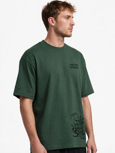 ONETEN APPAREL Camiseta verde de manga corta con cuello redondo y estampado gráfico de pájaros para hombre - Product Image 3