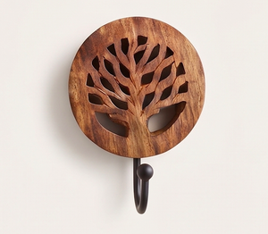 Artisanal Wooden Wall Mount <b>Hook</b> With Tree Carving Design Rustic Style Single <b>Hook</b> <b>For</b> Clothing Storage And Bathroom Clothes - Product Image 1