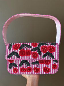 Bolsos de mano con cuentas de cereza rosa, bolso de noche artesanal - Product Image 6