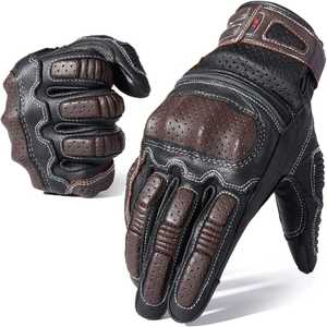 Gants de moto LONG MISSION INDUSTRY respirants en cuir perforé doublés de fourrure écologiques noirs et marron compatibles écran tactile sportifs - Product Image 1