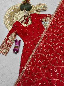 Red Silk Anarkali <b>Suit</b> With Embroidered Dupatta Traditional Indian <b>Wedding</b> <b>Dress</b> <b>Women</b> Floor-Length Loose Fit - Product Image 5