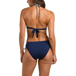 Navy Tropical Floral Ladies Bikini <b>Swimsuit</b> Ring Linked Halter <b>Top</b> Braided String Two Piece Padded Bathing Suit - Product Image 2