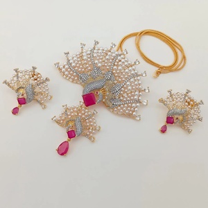 Conjunto de Pendientes y Colgante de Piedras Preciosas de Rubí y Esmeralda, Joyería Nupcial India Bohemia de Bollywood, Chapado en Oro - Product Image 2