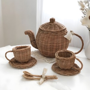Jouets de jeu de rôle faits à la main pour enfants, lot en gros, service à thé en rotin, accessoires pour fête du thé - Product Image 2