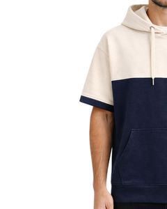 Camiseta con capucha de manga corta personalizada para hombre, azul marino y con bloques de color, sudadera informal con capucha, mezcla de algodón suave, ropa de verano - Product Image 3
