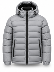 Men's Gray Hooded Puffer <b>Jacket</b> Windproof Zipper Closure Polyester Filling Winter <b>Casual</b> Coat - Product Image 1