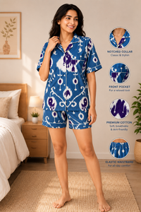 Floral Hand Block Print Short Night Suit Women Cotton Short Sleeve Shirt Shorts Set Casual Handmade Masterpiece Sleepwear Set - Product Image 3