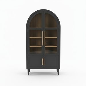 Vitrina Rectangular de Madera de Caucho y MDF con Chapa de Roble, Ecológica, 4 Compartimentos, Puertas con Persianas, Mesa Auxiliar/Mesita de Noche con Almacenamiento - Product Image 1