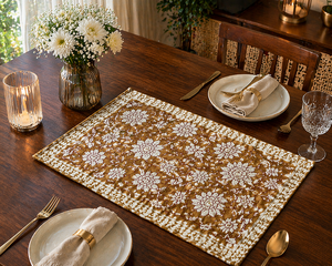 Vintage Brown Floral Table Mat Set Hand <b>Block</b> Print 100% Cotton Placemats Export Quality Washable Handmade Masterpiece Set - Product Image 1