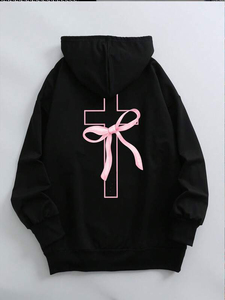 Streetwear Women Hoodies Black Pink Bow Cross <b>Back</b> Graphic Oversized Cotton Fleece <b>Drop</b> Shoulder Autumn Winter Bulk Manufacturer - Product Image 6
