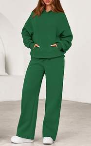 Conjuntos de chándal de dos piezas para mujer, hechos a medida por OEM, de algodón 100% sólido, para invierno/otoño, con sudaderas extragrandes y pantalones de pierna ancha, conjuntos a juego para estar en casa. - Product Image 2