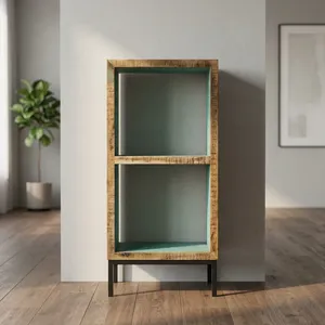 Étagère rustique en bois et fer à 2 cubes avec étagères ouvertes et finition vieillie pour le rangement dans le salon - Product Image 2