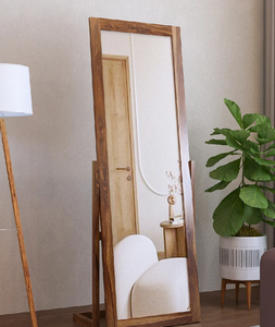 Multi-functional full length mirror integrated with a wooden side <b>shelving</b> storage rack, available at wholesale prices. - Product Image 6