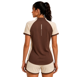 Brown And Beige Womens Half <b>Zip</b> Sports T Shirt And <b>Shorts</b> Set Quick Dry <b>Short</b> Sleeve Activewear Fitness Gym Tennis Outfit Custom - Product Image 2
