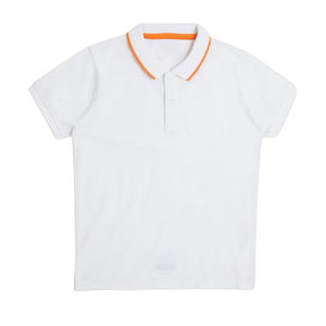 Kids White Short Sleeve <b>Polo</b> Shirt With <b>Orange</b> Trim Collar Casual Cotton Oxford Fabric Breathable Regular Fit - Product Image 1