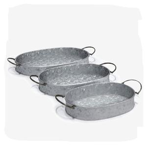 <b>Set</b> Of 3 Oval Galvanized Metal <b>Nesting</b> Serving Trays Vintage Distressed Decorative Ottoman & <b>Coffee</b> <b>Table</b> Decor With Handles - Product Image 1