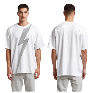 เสื้อยืดโอเวอร์ไซส์ลายกราฟิกสายฟ้าประดับคริสตัลสีขาวสำหรับผู้ชาย เสื้อผ้าแฟชั่นผ้าฝ้าย - Product Image 3