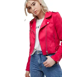 Top Bulk Custom design cheap price women's Genuine Suede Leather Motorbike Jacket & Coats, Real Pink Suede Biker Moto Leather