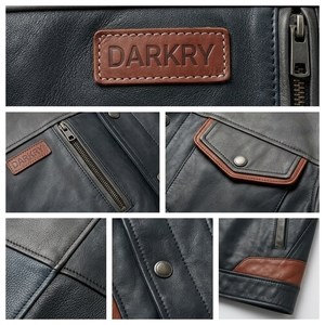 Charcoal Grey <b>Real</b> Genuine <b>Leather</b> Trucker <b>Jacket</b> Brown Trim Flap Pocket Snap Button Casual Fall Winter Coat - Product Image 6