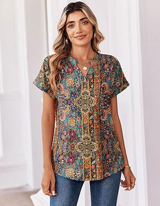Top bohemio con cuello redondo y manga corta para mujer, estampado con diseño de animales/leopardo/logotipo liso, ropa informal de primavera y verano - Product Image 1
