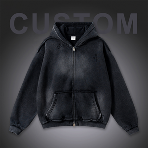 OEM Heavyweight Hoodie Custom Oversized Zip up <b>Fleece</b> <b>Black</b> Streetwear Vintage Distressed Pocket Acid Wash Hoodies for Men - Product Image 5