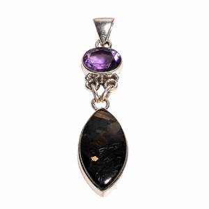 Pendentif en Nuummite et Améthyste Naturels, Argent Sterling 925 Plaqué Or Rose et Or Jaune, Bijou Fait Main en Pierres Précieuses, Cadeau pour Homme et Femme - Product Image 1