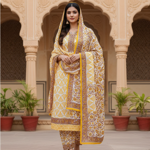 Yellow White Floral Cotton Kurti Sarong <b>Pyjama</b> Set | High Quality Hand Block Print Women Punjabi Suit Set Handmade Masterpiece - Product Image 2