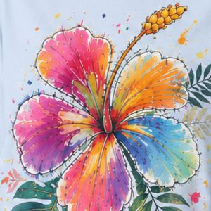 เสื้อยืดโอเวอร์ไซส์สีฟ้าอ่อนสำหรับผู้หญิง พิมพ์ลายดอกชบาสีสันสดใส เสื้อยืดลำลองผ้าฝ้ายสำหรับฤดูร้อน รับผลิตตามแบบ OEM ODM ขายส่ง - Product Image 6