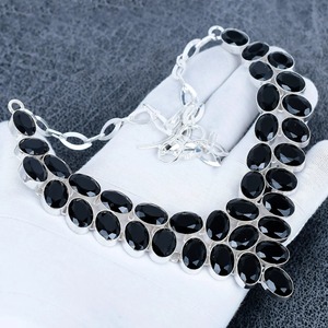 Silver Plated <b>Statement</b> <b>Necklace</b> Women's Oval Black Cubic Zirconia Link Chain 18 Inches Party Jewelry Classic Style - Product Image 3
