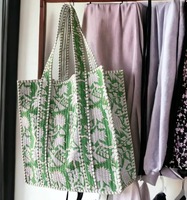 Tas Tote Wanita Hijau Bordir Bunga Vintage Berlapis Kapas Lembut dengan Tali Bahu untuk Perjalanan, Penggunaan Sehari-hari & Pantai