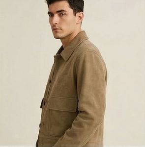 Gravs <b>Mens</b> Beige <b>Suede</b> Slim Fit Premium Leather Shirt Style <b>Jacket</b> Windproof Mandarin Collar Button Closure Flap Pockets Casual - Product Image 3
