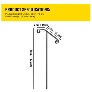 Corrimano singolo in legno con supporto in ferro battuto, piantana lunga per 1-2 gradini, corrimano di sicurezza - Product Image 1