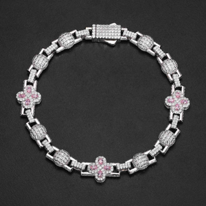 Luxury Moissanite Pink <b>Clover</b> <b>Bracelet</b> Iced Out Floral Link Tennis <b>Bracelet</b> Silver Finish Sparkling Statement Jewelry - Product Image 2