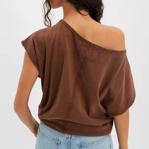 Premium Inside out Women's One Shoulder Crop <b>Top</b> Solid Blue Cotton Casual Loose Short Sleeve T-Shirt Spring Summer Style Tees - Product Image 4
