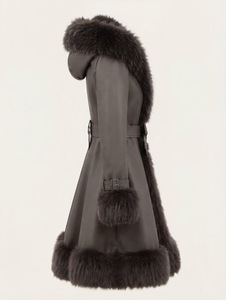 Women Fur Collar <b>Leather</b> Look Winter <b>Coat</b> Belted Long Jacket Rabbit Fur Trimmed Overcoat - Product Image 2