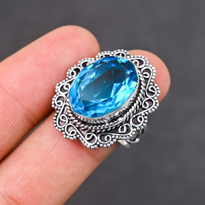 Anillo de Plata de Ley 925 con Topacio Azul Creado en Laboratorio, Hermoso Anillo con Piedra en Forma de Pera, Joyería de Boda Hecha a Mano con Turquesa - Product Image 1