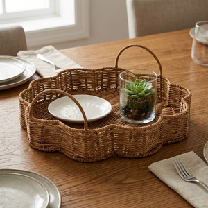 Bandeja de Servir Redonda de Ratán de Lujo al por Mayor con Diseño Festoneado para Organización de Mesa de Cocina y Exhibición de Frutas - Product Image 1