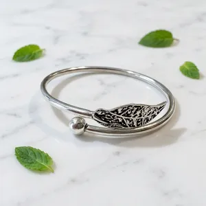 Bracelet jonc flexible tendance en argent sterling 925, motif végétal, poids 16g, pureté 92,5%, pour femmes et jeunes filles, finition argent oxydé - Product Image 1