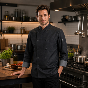 Chaqueta de Chef Moderna Personalizada de Mezclilla, Impermeable, Transpirable, Uniforme de Cocina Elástico para Cocineros Ejecutivos con Malla - Product Image 1