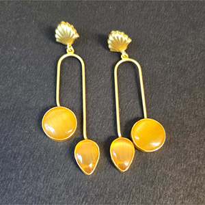 Gold Plated Brass Animal Geometric Pendulum Earrings with Pearl and Coral - Product Image 2