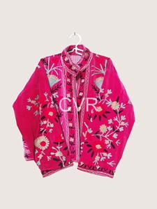 Veste en velours rose brodée de fleurs, style bohème, col rabattu, manches trois quarts, vêtement d'extérieur d'automne pour adultes - Product Image 2