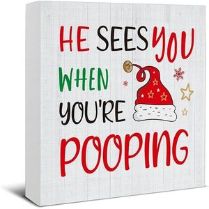 Funny Christmas Wooden <b>Wall</b> Sign Home <b>Decor</b> Bathroom Decorations for Christmas He Sees You You're Pooping Bathrm - Product Image 1
