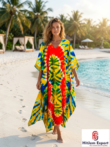 Vestido Kaftán Tie Dye para Mujer, Cuello Redondo, Holgado, Largo hasta el Suelo, Manga Corta, Estilo Bohemio, para Playa, Verano, con Borlas, de Chifón, Fabricante OEM ODM - Product Image 4