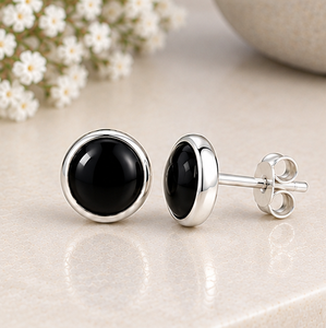 Black <b>Onyx</b> Silver Stud <b>Earrings</b>, Natural Black <b>Onyx</b> Gemstone <b>Earrings</b>, 925 Sterling Silver Round Studs, Black Stone <b>Earrings</b>, - Product Image 3