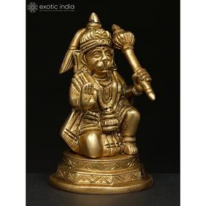 Ídolo de Hanuman de latón hecho a mano de 4 pulgadas sentado en Ashirwad Mudra escultura India para regalar - Product Image 2
