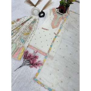 ด้ายเย็บผ้าชินอนออกแบบโดยดีไซเนอร์มีลำดับการปักบนพาลาซโซกับ dupatta สีขาว - Product Image 5