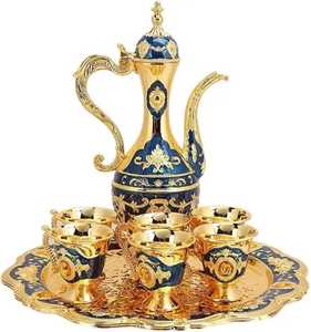 Artisan Embossed Stainless Steel Arabic Coffee Pot Dallah Two Tone Gold and Silver Middle Eastern Teapot Luxury Hospitality - Product Image 5