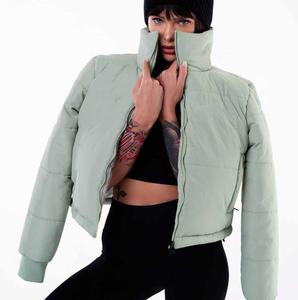 Top <b>Women's</b> <b>Light</b> Green Quilted Puffer Jacket Stand Collar Full Sleeve Zipper Closure Winter <b>Coat</b> Solid Color Puff Sleeve Design - Product Image 3