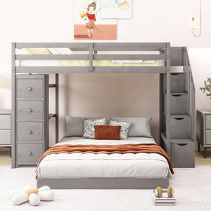 Letto a Castello Grigio con Letto Singolo Sopra e Letto Matrimoniale, 3 Ripiani, Cassetti e Scala con Vano Portaoggetti per Bambini - Product Image 2
